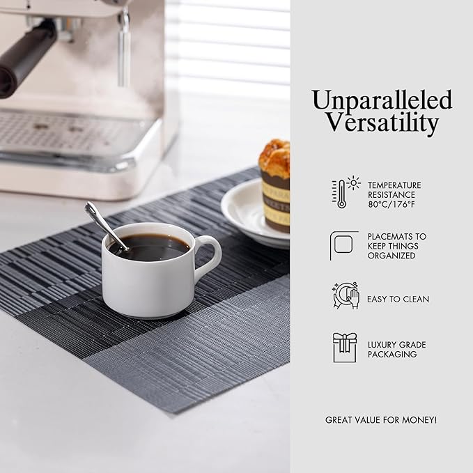 Placemats Set of 6 - Easy Clean Woven Vinyl Placemats for Dining Table, Indoor/Outdoor Place Mats, Washable PVC Table Mats （Silver Gray Black）