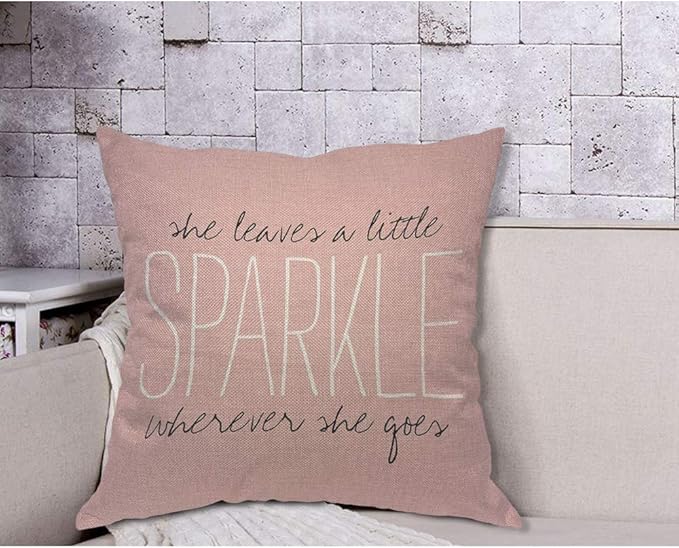 AOYEGO Pink Sparkle Monogram Throw Pillow Cover She Leaves A Little Sparkle Wherever She Goes Pink Background Shiny Words Pillow Case 18x18 Inch Decorative Men Women Room Cushion Cover