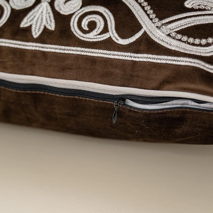 Aeckself European Floral Pillow Cover 12x20 Inch, Luxury Velvet Embroidered Decorative Lumbar Throw Pillow Cover for Couch Bedroom Living Room, Brown and White