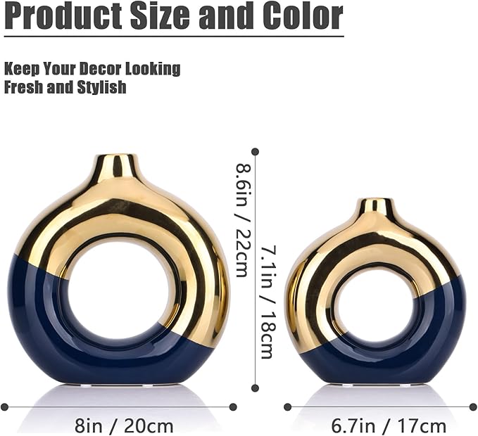 Navy Blue and Gold Ceramic Vase Set of 2,Round Donut Hollow Flower Vases for Home Decor Accents,Modern Minimalist Centerpiece Table Decorations,Wedding,Living Room,Bookshelf,Office,Entryway