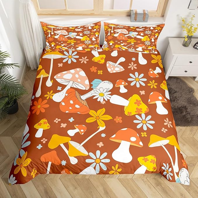 Castle Fairy 60s 70s Retro Hippie Bedding Set Twin Size,Groovy Flowers Mushroom Print Duvet Cover for Kids Boys Bed Comforter Cover Set,Boho Art Bedding Quilt Cover Set Decorative 2 Pieces