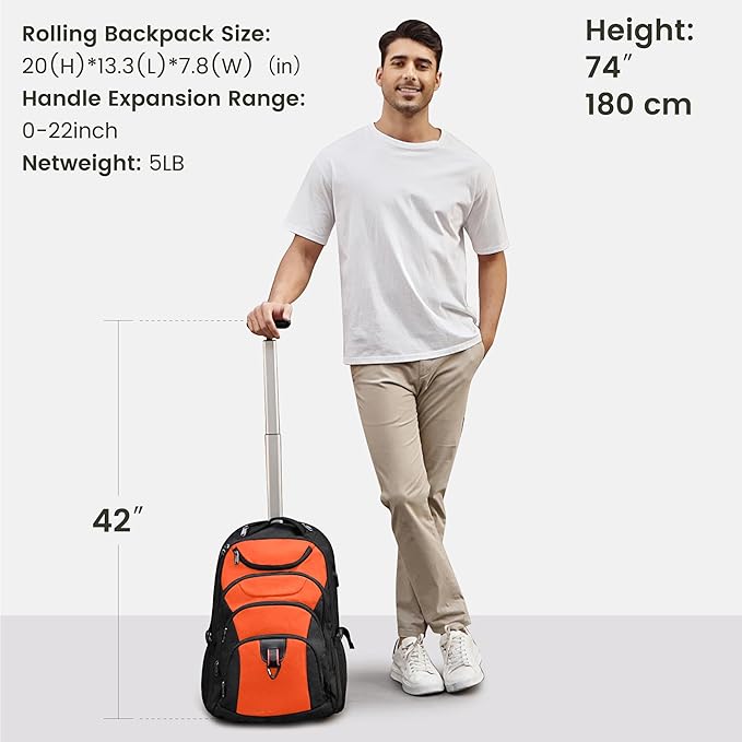 Boavan Rolling Backpack,17 inch Water Resistant Wheeled Backpack,Carry on Luggage Business Bag, Overnight College Computer bag Trolley Suitcase for Men Women Adults to Travel，Black&Orange