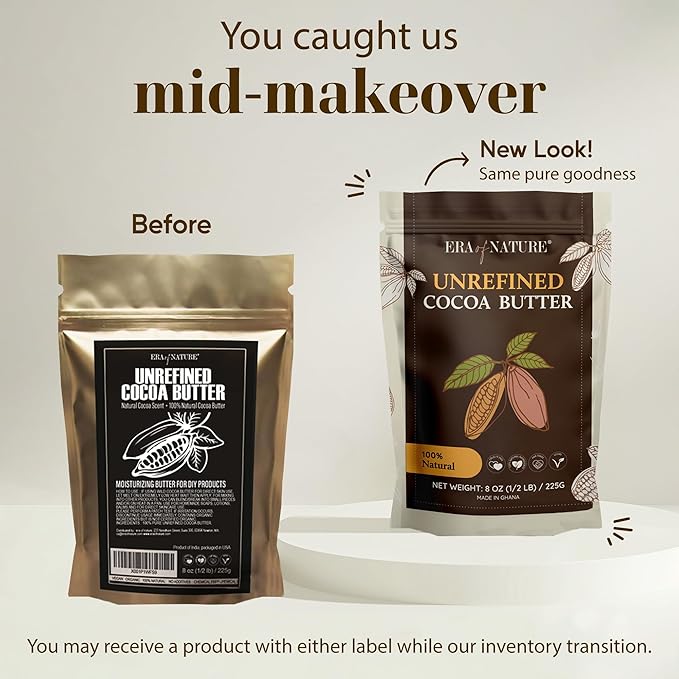 Era of Nature Cocoa Butter Raw – 100% Pure & Unrefined, Cold-Pressed Cacao – For DIY Skincare & Haircare – Deep Hydration for Skin, Hair, Lips – Stretch Mark & Scar Care – Natural Chocolate Scent, 8oz