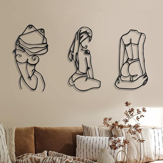 3 Pcs Metal Wall Art Decor Minimalist Abstract Woman Wall Art Metal Modern Line Drawing Decor Female Single Line Home Hanging for Bedroom Kitchen Bathroom Living Room(Lively)