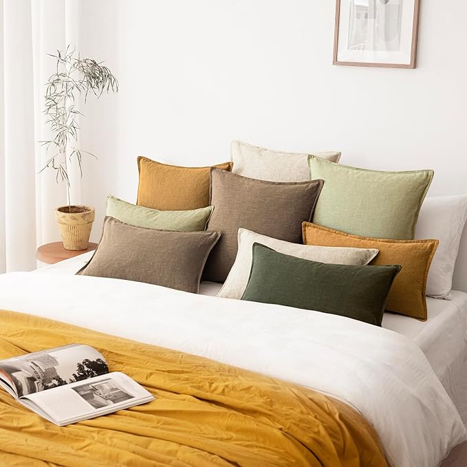 Foindtower Pack of 2, Decorative Linen Solid Throw Pillow Covers Soft Accent Cushion Case Boho Farmhouse Pillowcase for Chair Couch Sofa Bedroom Living Room Home Decor 26 x 26 Inch Light Sage Green