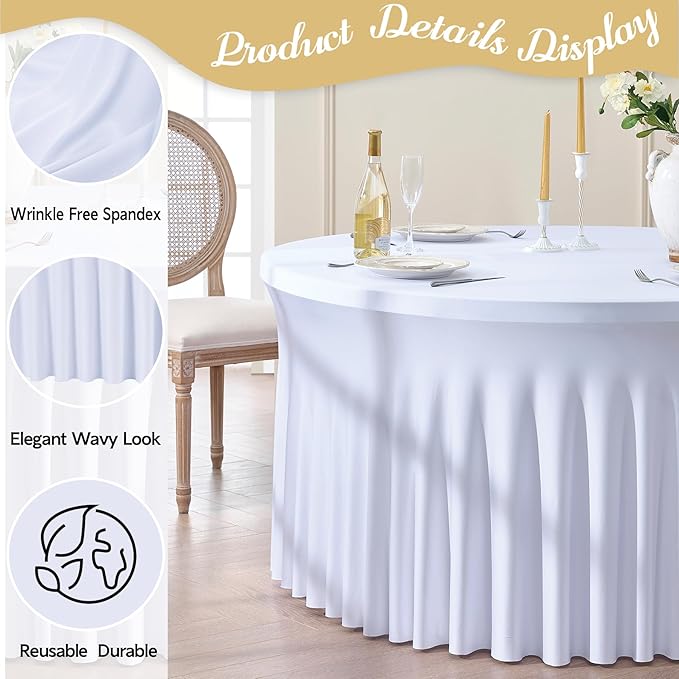 Outpain 4 Pack White Round Spandex Tablecloths for 60in Tables, 120Inch Stretchy Fitted 5FT Round Table Clothes,Wrinkle Free Table Cover with Skirt for Wedding Party Dining Banquet Baby Shower