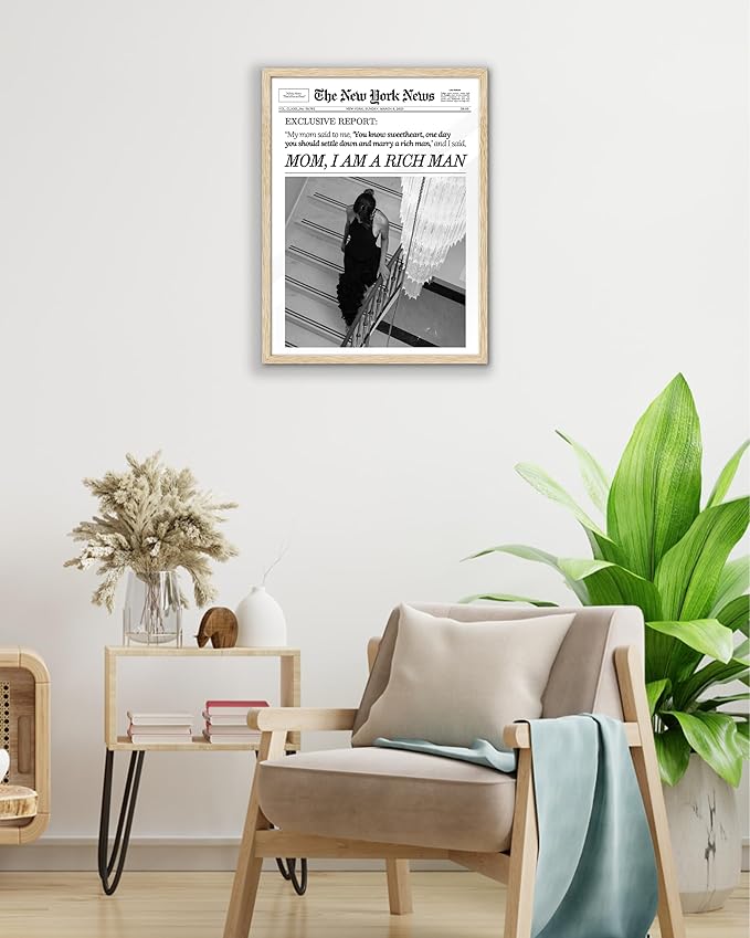 EcoHest Unframed Trendy Newspaper Wall Art, 12x16 in OAK Wood Mom I Am a Rich Man Canvas Art, Magazine Girly Poster College Dorm Decor, Beige Logs Set of 1 for Bedroom Living Room