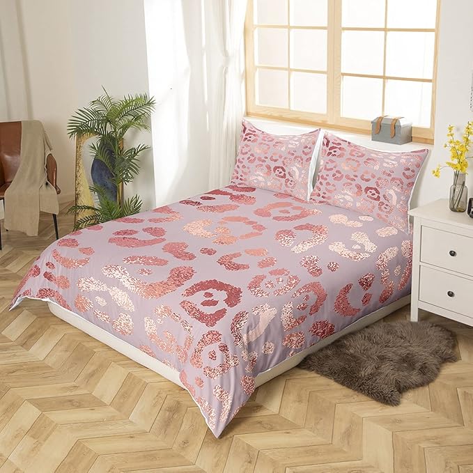 Pink Leopard Duvet Cover Set King for Women Men Pink Glitter Bedding Set Marble Abstract Art Comforter Cover Cheetah Skin Pattern Bedspread Cover with 2 Pillow Shams Quilt Cover 3 Pcs(No Comforter)