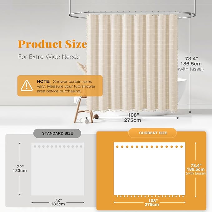 BTTN Extra Wide Shower Curtain - 108x72 Inch Boho Farmhouse Fabric Heavy Duty Shower Curtain Set with 18 Hooks, Large Linen Neutral Cloth Shower Curtains for Bathroom and Clawfoot Tub, Cream/Beige