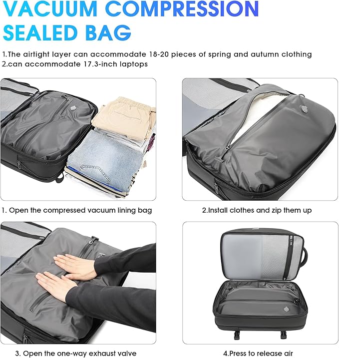 Vacuum Backpack for Men,50L Expandable Compression Backpack With Vacuum Seal, 17.3 Inch Water Resistant Laptop Backpack with USB Charging Port-Not Vaccum Pump Included