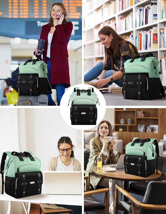 FALANKO Laptop Backpack for Women,College Work Teacher backpack for 15.6 Inch laptop with USB Charging Port,Travel Anti Theft Laptops Backpack RFID Anti Theft, Shoulder Purse Bags Green Black