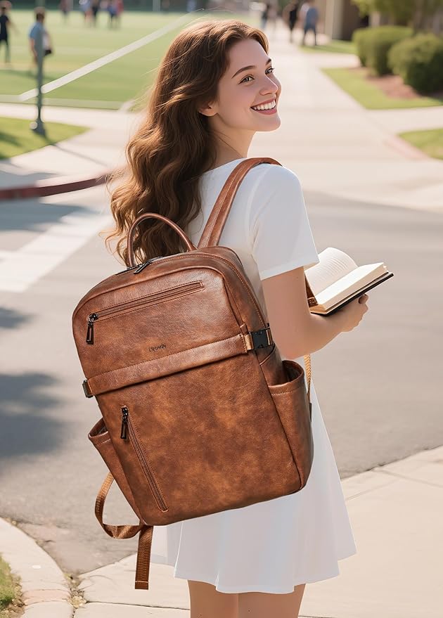 Leather Laptop Backpack for Women, 15.6 Inch Laptop Travel Backpack Purse Large Capacity Computer Bag, Casual Daypack Nurse Bag College Bookbag for School, Brown