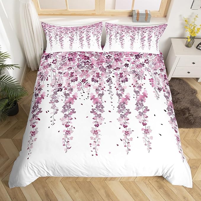 Cherry Blossoms Bedding Set Twin Size Child Girl's Bedroom Duvet Cover Flower Floral Theme Quilt/Comforter Cover with 1 Pillowcase Purple White