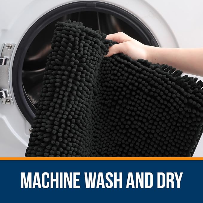 OLANLY Bathroom Rugs 50x30, Extra Soft Absorbent Chenille Bath Rugs, Rubber Backing Quick Dry, Machine Washable Bath Mats for Bathroom Floor, Tub and Shower, Home Decor Accessories, Black