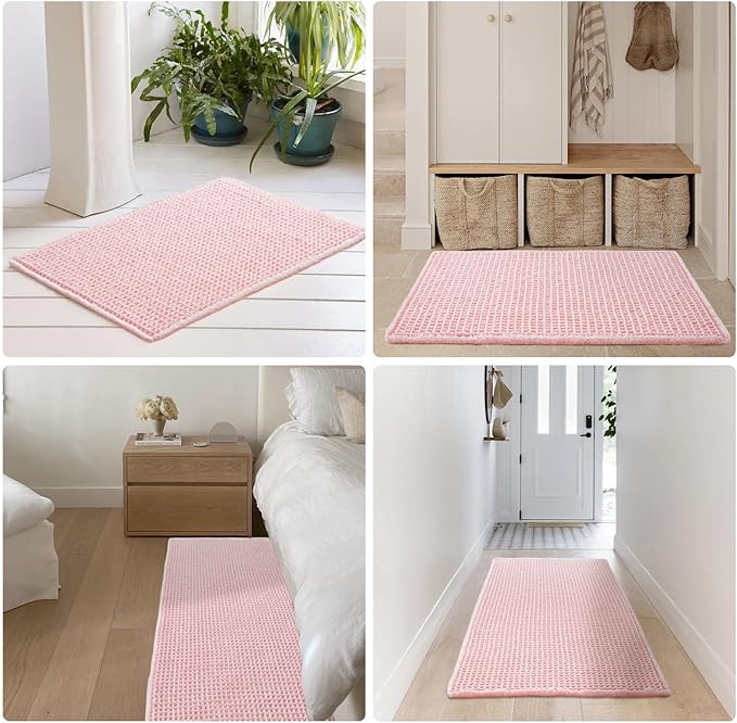 Light Peachy Pink Bathroom Rugs, Waffle Bath Mat Non Slip Washable Quick Dry Cute Bath Mat Boho Farmhouse Bathroom Decor, 48"x24" Light Peachy Pink