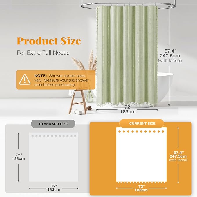 BTTN Extra Long Shower Curtain - 72x96 Inch Long Boho Chic Linen Fabric Weighted Shower Curtain Set with Hooks, Tall Modern Farmhouse Aesthetic Tassel Cloth Shower Curtain for Bathroom - Sage Green