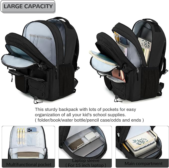 Lohol Water Resistant Daypack with Mulitiple Pockets for School Travel Outdoor College, 15.6 inch Laptop Backpack for Men and Women (Black)