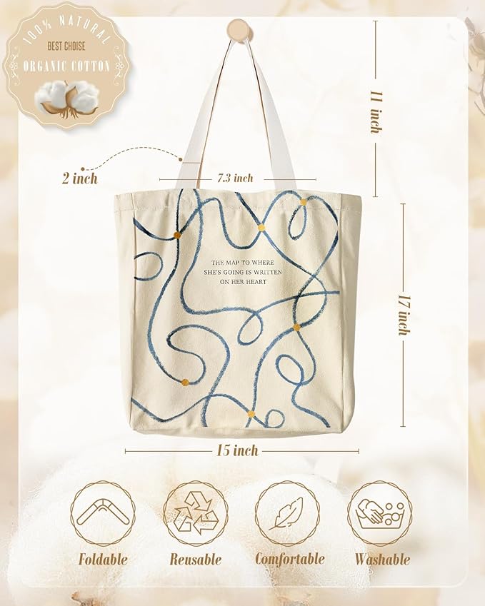 Aesthetic Heavy Canvas Tote Bag with Pocket for Women, Cloth Gusseted Totes Bag with Pattern for Shopping