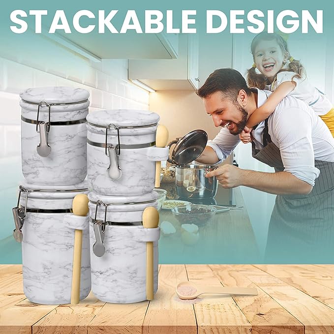 Home Intuition 4-Piece Ceramic Kitchen Canisters Set, Airtight Containers with Wooden Spoons Reusable Chalk Labels and Marker for Sugar, Coffee, Flour, Tea (White Marble)