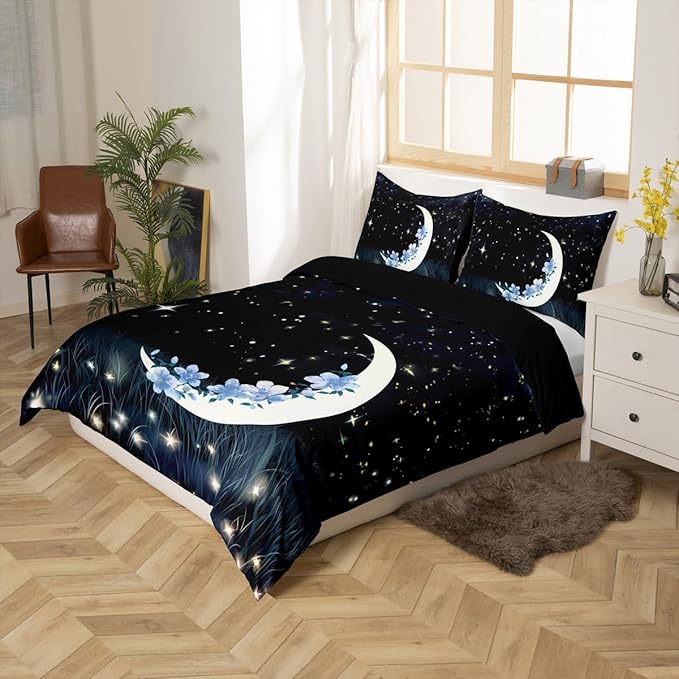 Castle Fairy Moon Duvet Cover Twin Size Starry Sky Theme Bedding Set Fashion Romantic Plant Flower Galaxy Print Comforter Cover for Kids Teen Boy Girl Bedroom Decoration