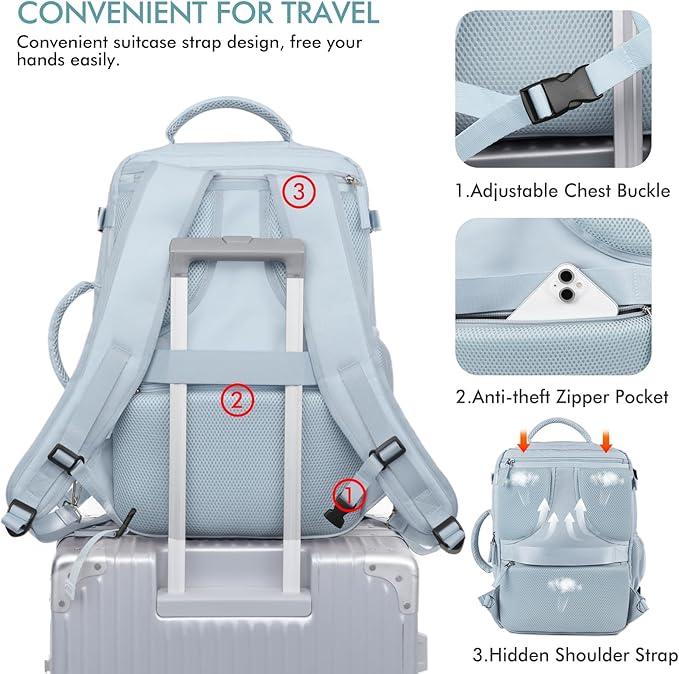 Beraliy Travel Backpack for Women Men, Carry On Backpack, 16 inch Laptop Backpack, Waterproof Casual College Daypack for Weekender Overnight Hiking, Light Blue