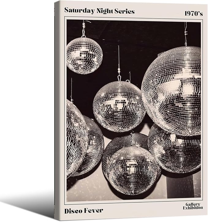 70s Disco Ball Newspaper Wall Art Vintage Black and White Art Posters 24x36 inch Framed Funky Aesthetic Canvas Prints Retro Bar Cart Decor for Bar Bedroom