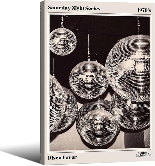 70s Disco Ball Newspaper Wall Art Vintage Black and White Art Posters 16x24 inch Framed Funky Aesthetic Canvas Prints Retro Bar Cart Decor for Bar Bedroom