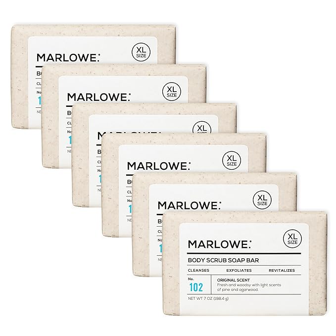 MARLOWE. No. 102 Body Scrub Soap 7 oz (6 Bars) Exfoliating Soap Bar with Shea Butter, Olive Oil & Green Tea, Cleanses & Smooths, Sage & Fir Scent