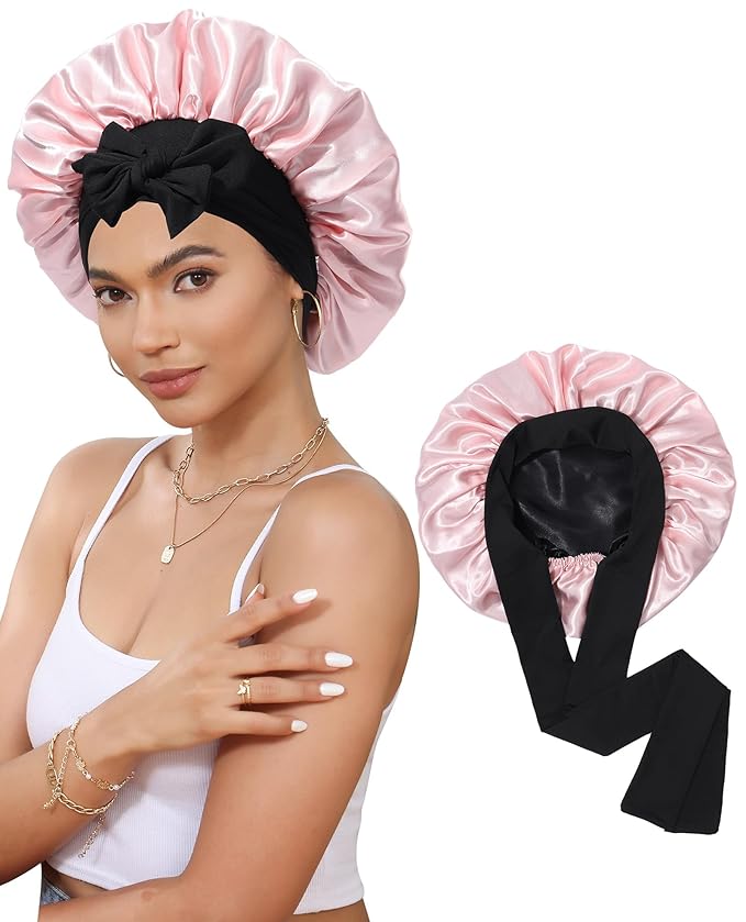 Satin Bonnet Silk Bonnet for Sleeping Silk Sleep Cap Double Layer Hair Bonnet with Elastic Tie Band for Curly Hair Night Cap (Black + Peach Pink)