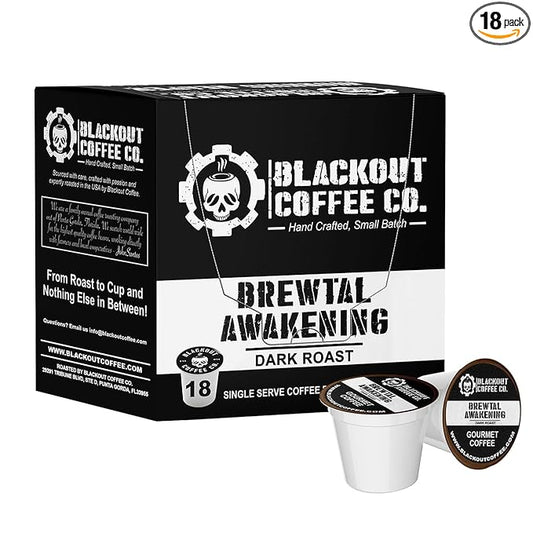 Blackout Coffee Brewtal Awakening Dark Roast Coffee – HIGH CAFFEINE, Bold & Strong, Fuel Your Mission – 18 Count K-Cup Pods, American Made