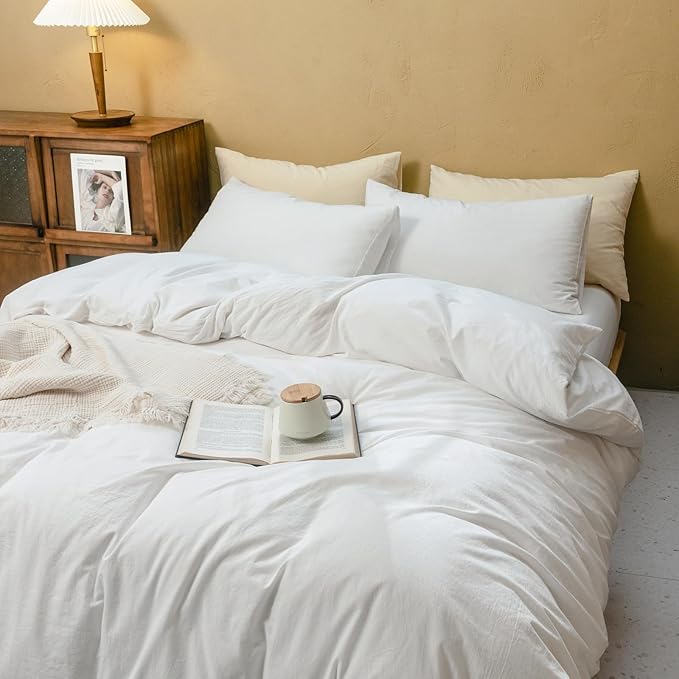 FOSSA White Duvet Cover Set, 100% Washed Cotton Linen Feel Super Soft Breathable Cozy 3 Pieces Bedding Sets Solid Off White King