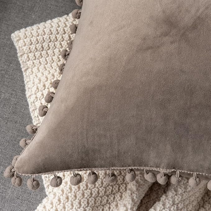 DEZENE Decorative Pillow Covers 18x18 Taupe: 2 Pack Cozy Soft Pom-poms Velvet Square Throw Pillow Cases for Farmhouse Home Decor
