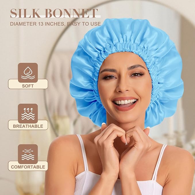 Satin Bonnet Silk Bonnet Hair Bonnet for Sleeping-Slouchy Beanie Hat Satin Sleep Cap for Women's Natural & Curly Hair(Lake Blue)