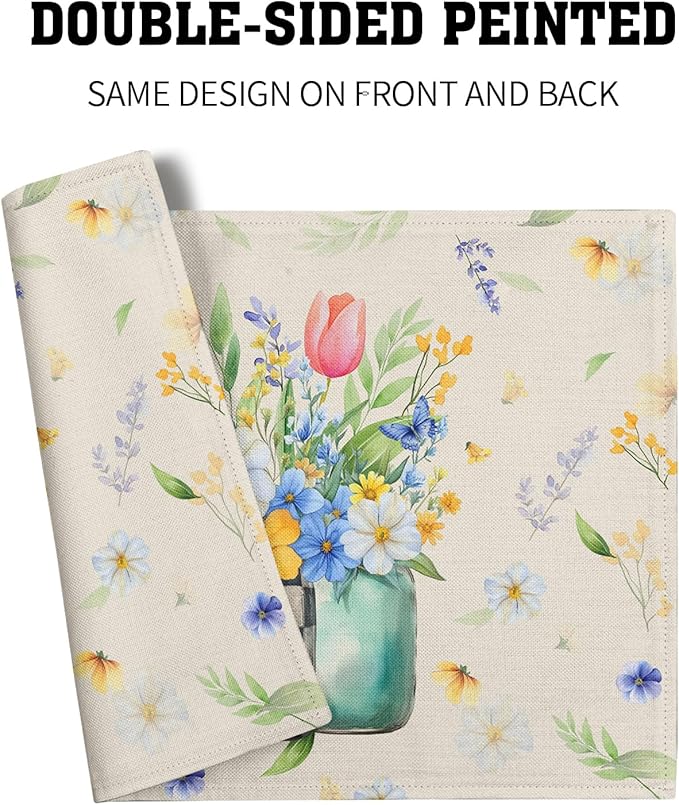 Giwawa Spring Flower Vases Placemats Set of 4 Watercolor Floral Mason Jar Place Mat 12x18 Inch Wildflower Botanical Plant Table Mats Heat Resistance for Kitchen Dining Party Picnic Decor