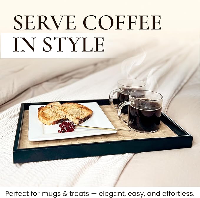 Solvane Wooden Serving Tray - 15x11in Rectangular Ottoman & Coffee Table Tray, Decorative Wood Tray with PU Leather Base for Living Room, Kitchen, Bathroom & Vanity