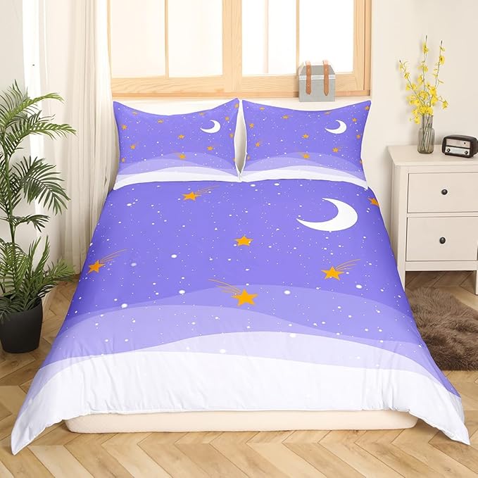 Dreamy Starry Sky Duvet Cover Queen Size Purple Galaxy Comforter Cover with 2 Pillowcase for Teens Adults Kids Stars and Moon Bedding Set Cute Girly Breathable 3 Pcs Decorative Bed Cover(No Comforter)