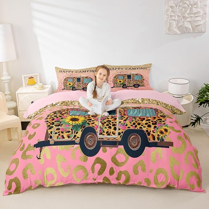 Camper Bedding Set Twin Size Comforter Cover for Kids Teen Girls Boys Room Decor,Happy Camping Theme Quilt Cover Leopard Cartoon Car Duvet Cover with 1 Pillowcase, Pink Golden