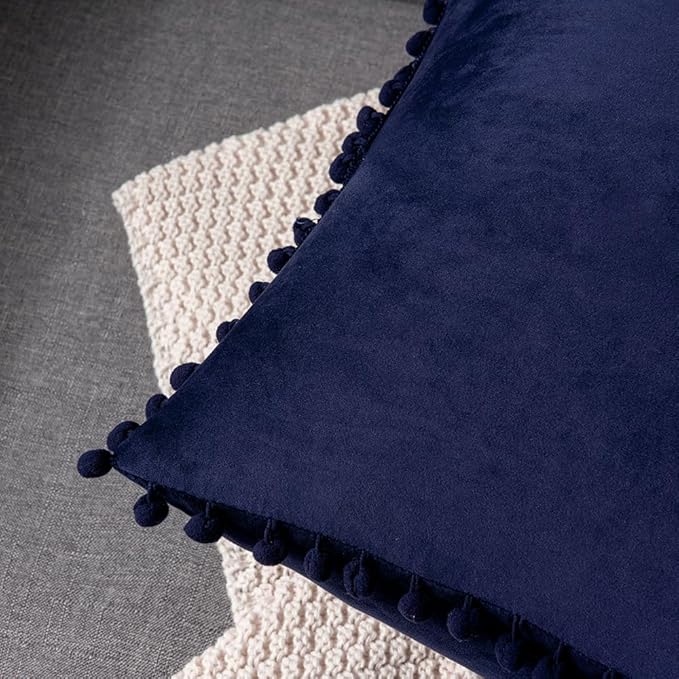 DEZENE Couch Pillow Cases 24x24 Navy: 2 Pack Cozy Soft Pom-poms Velvet Square Throw Pillow Covers for Farmhouse Home Decor