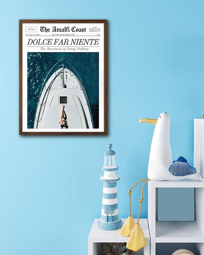 EcoHest Trendy Newspaper Dolce Far Niente Framed Wall Art, 12x16 in Walnut Color OAK Wood La Dolce Vita Canvas Art, Magazine Italian Summer Headline Print Decor, Set of 1 for Bedroom Living Room