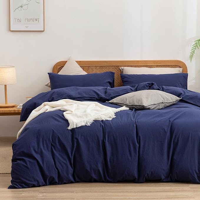 BESTOUCH Duvet Cover Set 100% Washed Cotton Linen Feel Super Soft Comfortable Chic Lightweight 3 PCs Home Bedding Set Solid Navy Blue Oversized Full