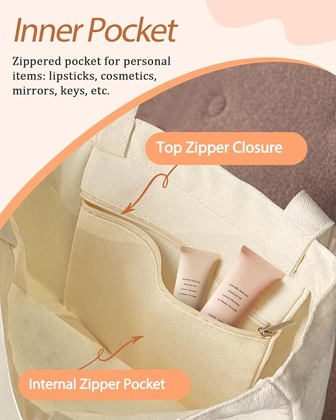 Canvas Tote Bag with Pocket - Aesthetic Cute Canvas Bag for Women Shoulder Totes for Shopping, Work, Gym