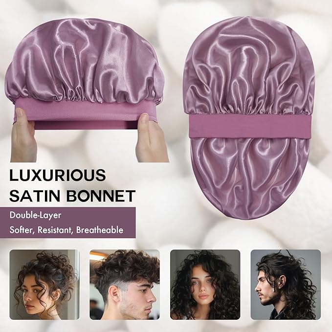 Satin Silk Bonnet for Sleeping, Double Layer Silk Sleep Cap for Men & Women, Soft Satin Lined Bonnet for Natural & Curly Hair(Dark Purple)