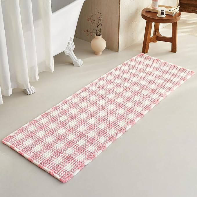 Waffle Runner Rug Bathroom, Long Boho Bathroom Rugs Non Slip Washable Absorbent Checkered Bathroom Mat Quick Dry Cute Bath Mat, 60"x24" Pink and White