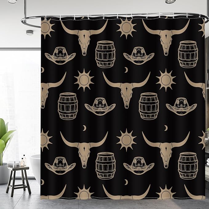 Aimego Western Bull Skull Shower Curtain - Black and Gold Cow Boho Southwest Cowboy Ethnic Tribal Country Farmhouse Fabric Cloth Shower Curtains Set with 12 Hooks for Bathroom Decor, 72"x72"