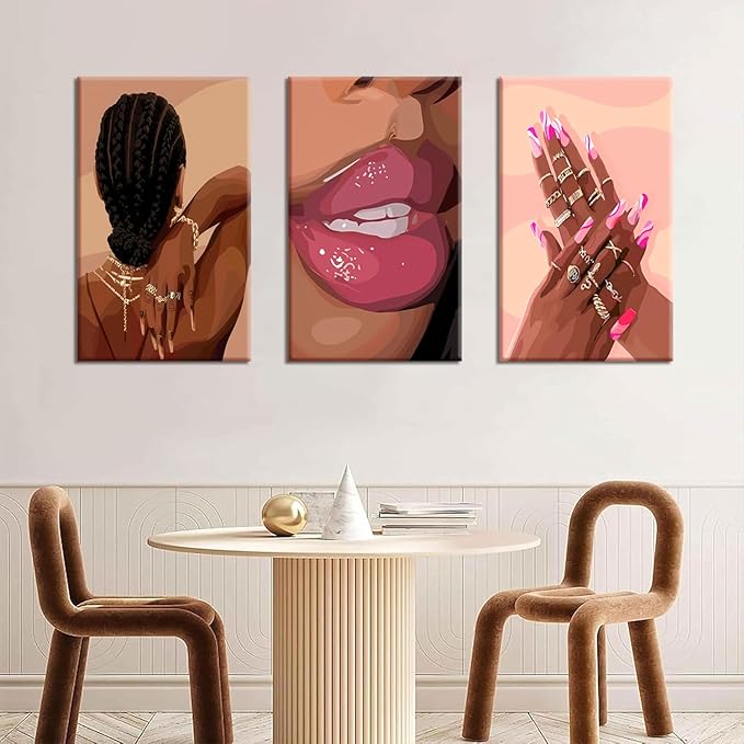 Black Girl Pink Wall Art Set of 3 African American Black Women Canvas Posters Fashion Black Girl Wall Decor Pictures Prints for Home Living Room Bedroom Bathroom Decoration 16x24 Inch Framed
