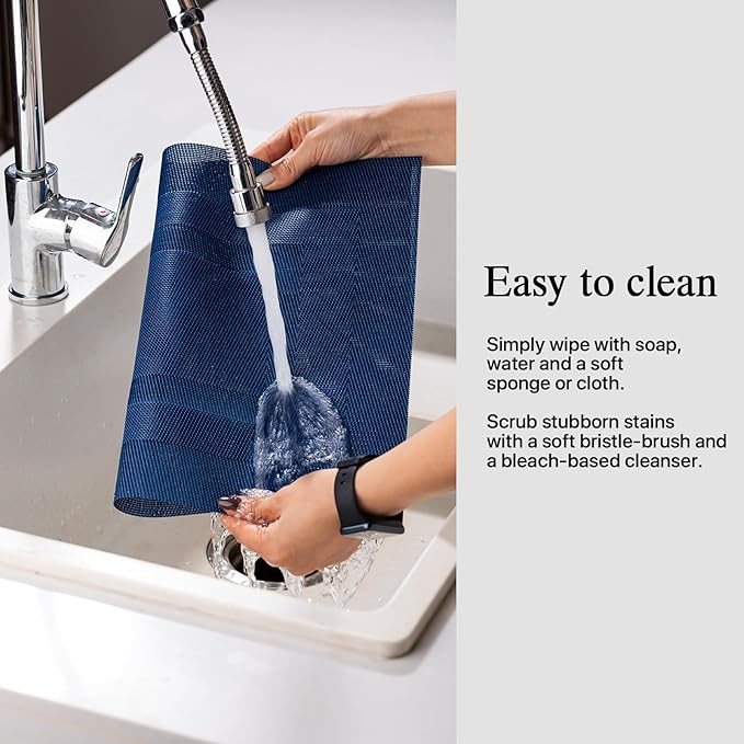 Placemats Set of 12 - Easy Clean Woven Vinyl Placemats for Dining Table, Indoor/Outdoor Place Mats, Washable PVC Table Mats（Navy Cube）