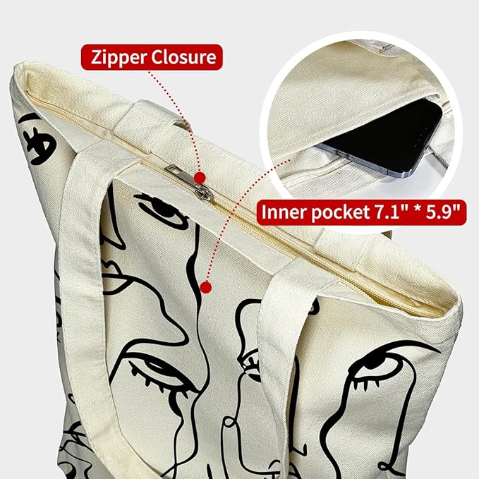 Canvas Tote Bag for Women, Aesthetic Tote Bag with Zipper Pocket for Grocery Travel Work Gift, Canvas Shopping Bag