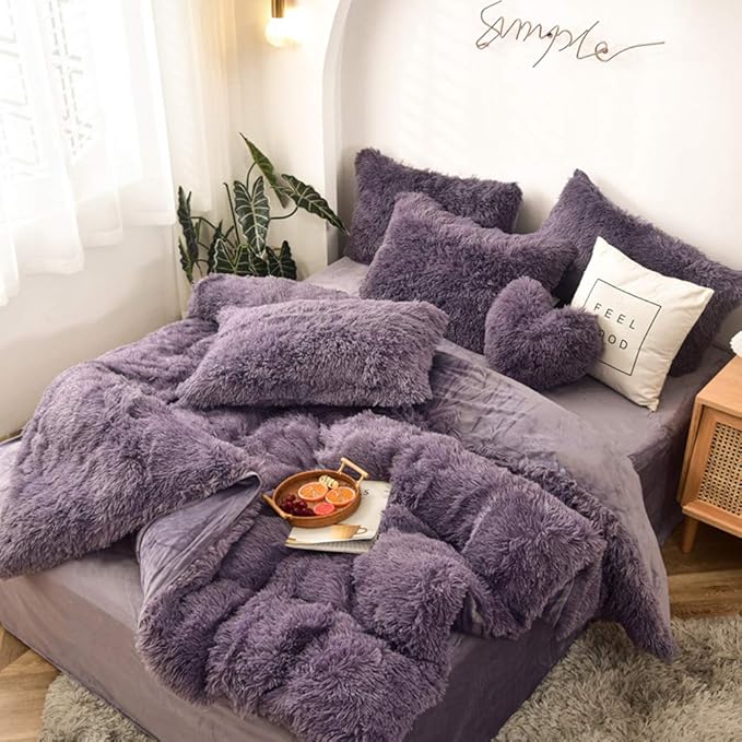 MorroMorn 5 PCS Plush Shaggy Duvet Cover Sets, Luxury Shag Fluffy Comforter Cover Fuzzy Bedding Set - Long Faux Fur Ultra Soft Cozy (Dark Purple, King/California King)