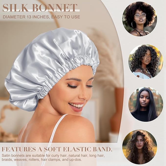 Satin Bonnet Silk Bonnet Hair Bonnet for Sleeping-Slouchy Beanie Hat Satin Sleep Cap for Women's Natural & Curly Hair(Grey)