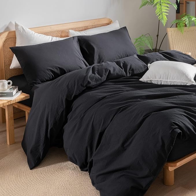 BESTOUCH Duvet Cover Set 100% Washed Cotton Linen Feel Super Soft Comfortable Chic Lightweight 3 PCs Home Bedding Set Solid Deep Black Oversized Full